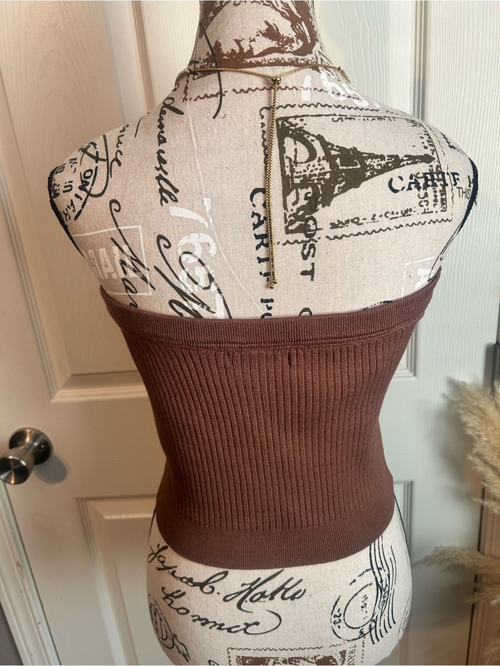 Tube Ribbed Button-Front Crop Top - Brown - Picture 2 of 5